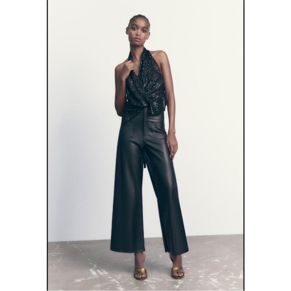 ZARA The Patch Pockets Marine Straight Faux Leather Pants BLACK 4 Ankle Crop - Picture 8 of 15